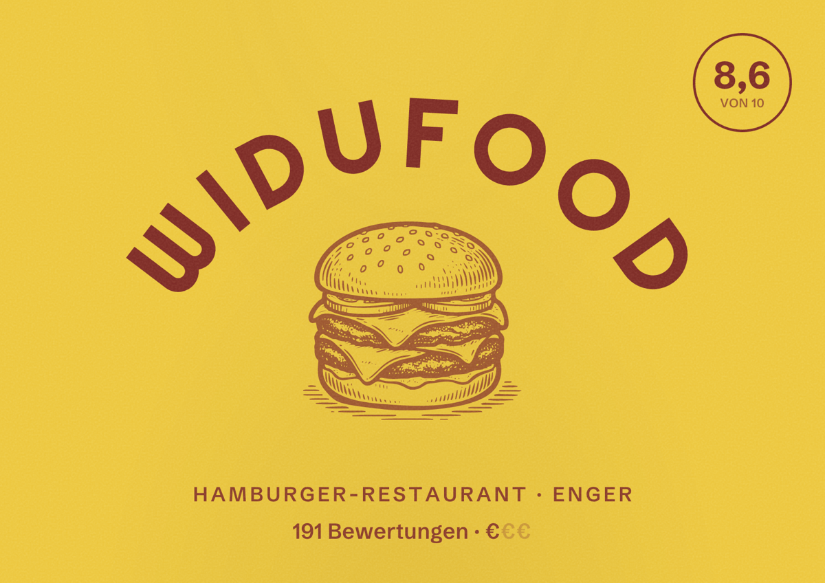 Illustriertes Poster von Widufood, Hamburger-Restaurant in Enger: Bewertung 8,6 von 10 aus 191 Bewertungen, Preisniveau €