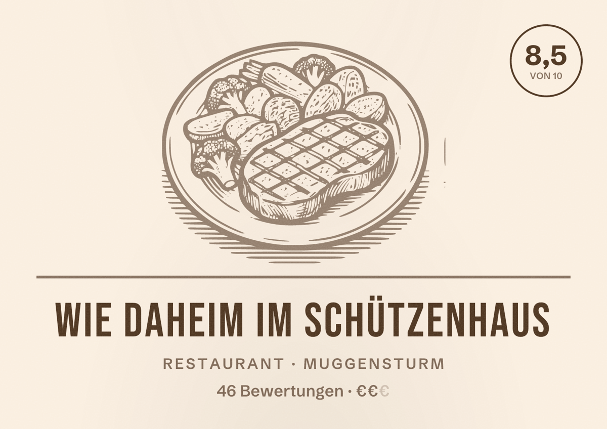 Illustriertes Poster von Wie DaHeim im Schützenhaus, Restaurant in Muggensturm: Bewertung 8,5 von 10 aus 46 Bewertungen, Preisniveau €€