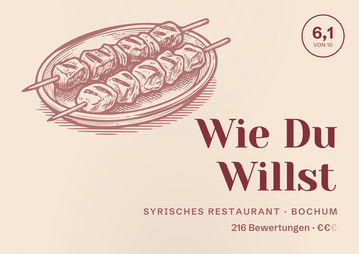 Illustriertes Poster von Wie Du Willst, Syrisches Restaurant in Bochum: Bewertung 6,1 von 10 aus 216 Bewertungen, Preisniveau €€