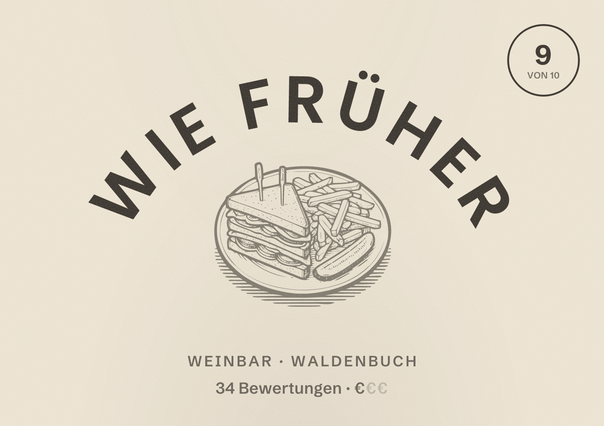 Illustriertes Poster von Wie Früher, Weinbar in Waldenbuch: Bewertung 9 von 10 aus 34 Bewertungen, Preisniveau €