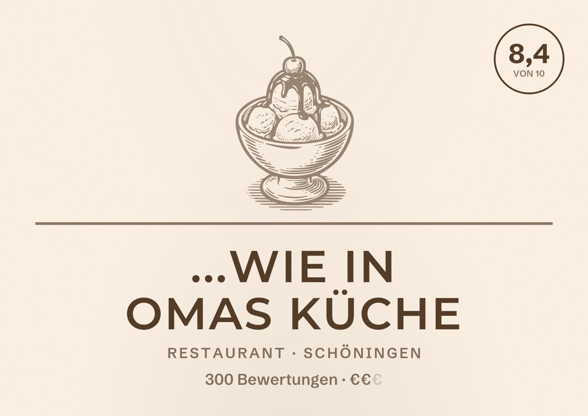 Illustriertes Poster von ...wie in Omas Küche, Restaurant in Schöningen: Bewertung 8,4 von 10 aus 300 Bewertungen, Preisniveau €€