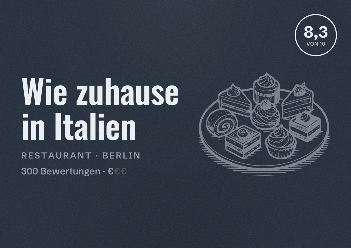 Illustriertes Poster von Wie zuhause in Italien, Restaurant in Berlin: Bewertung 8,3 von 10 aus 300 Bewertungen, Preisniveau €