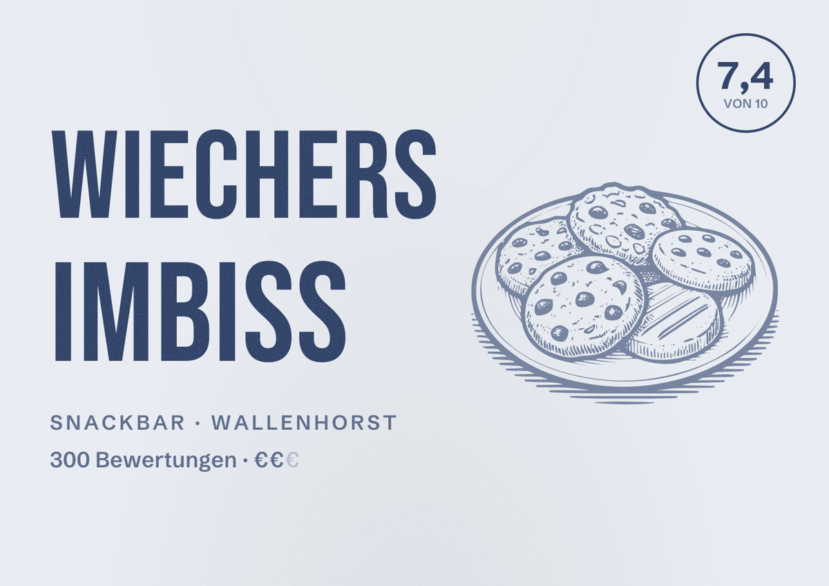 Illustriertes Poster von Wiechers Imbiss, Snackbar in Wallenhorst: Bewertung 7,4 von 10 aus 300 Bewertungen, Preisniveau €€