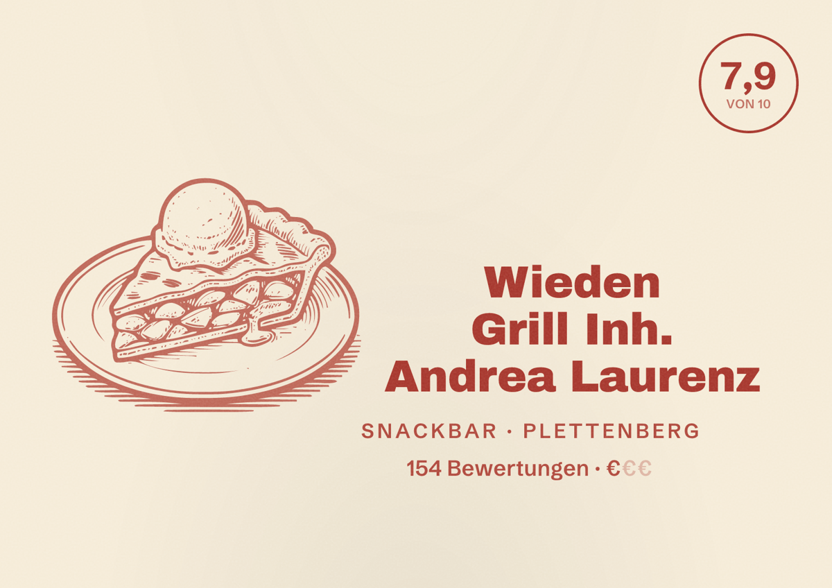 Illustriertes Poster von Wieden Grill Inh. Andrea Laurenz, Snackbar in Plettenberg: Bewertung 7,9 von 10 aus 154 Bewertungen, Preisniveau €