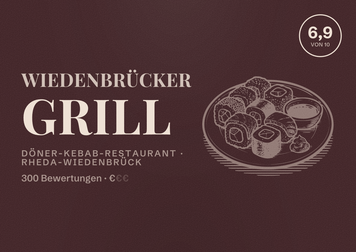 Illustriertes Poster von Wiedenbrücker Grill, Döner-Kebab-Restaurant in Rheda-Wiedenbrück: Bewertung 6,9 von 10 aus 300 Bewertungen, Preisniveau €