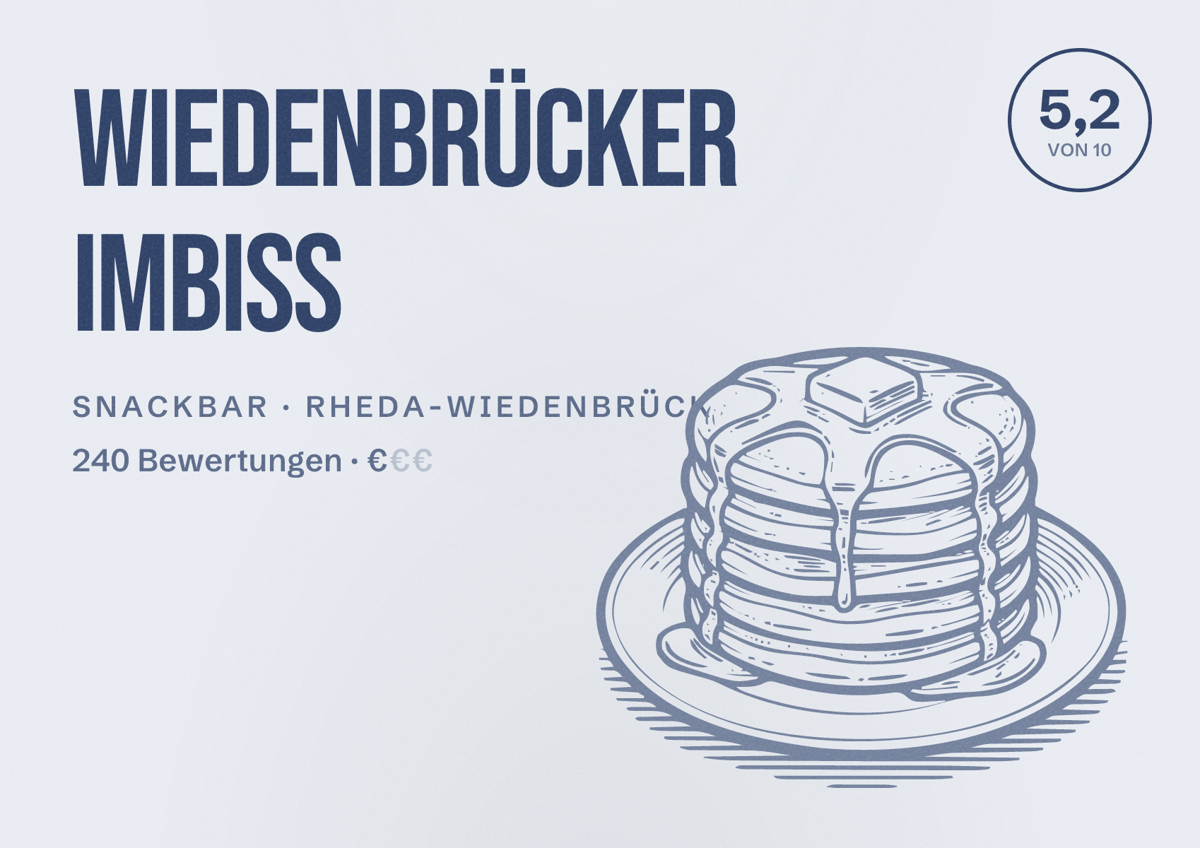 Illustriertes Poster von Wiedenbrücker Imbiss, Snackbar in Rheda-Wiedenbrück: Bewertung 5,2 von 10 aus 240 Bewertungen, Preisniveau €