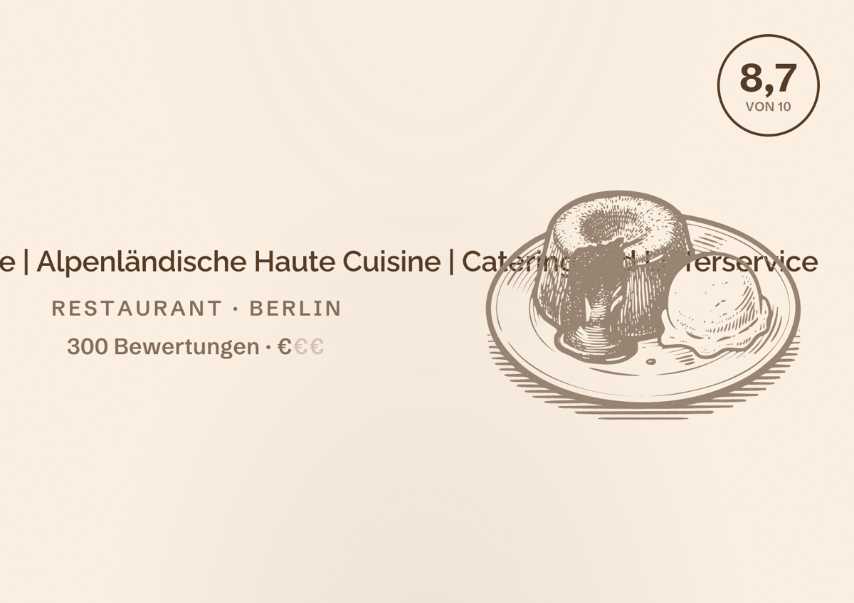 Illustriertes Poster von Wieduwilt und Krause | Alpenländische Haute Cuisine | Catering und Lieferservice, Restaurant in Berlin: Bewertung 8,7 von 10 aus 300 Bewertungen, Preisniveau €