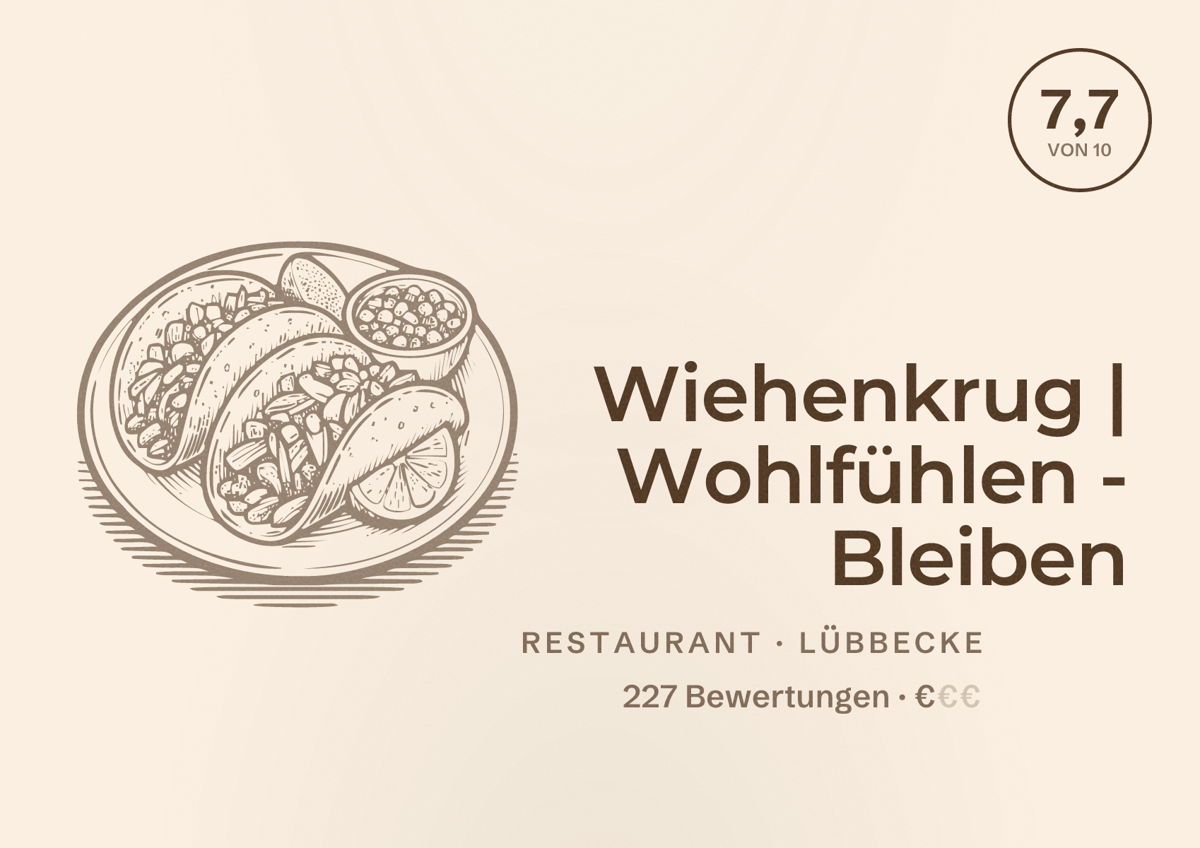 Illustriertes Poster von Wiehenkrug | Wohlfühlen - Bleiben, Restaurant in Lübbecke: Bewertung 7,7 von 10 aus 227 Bewertungen, Preisniveau €