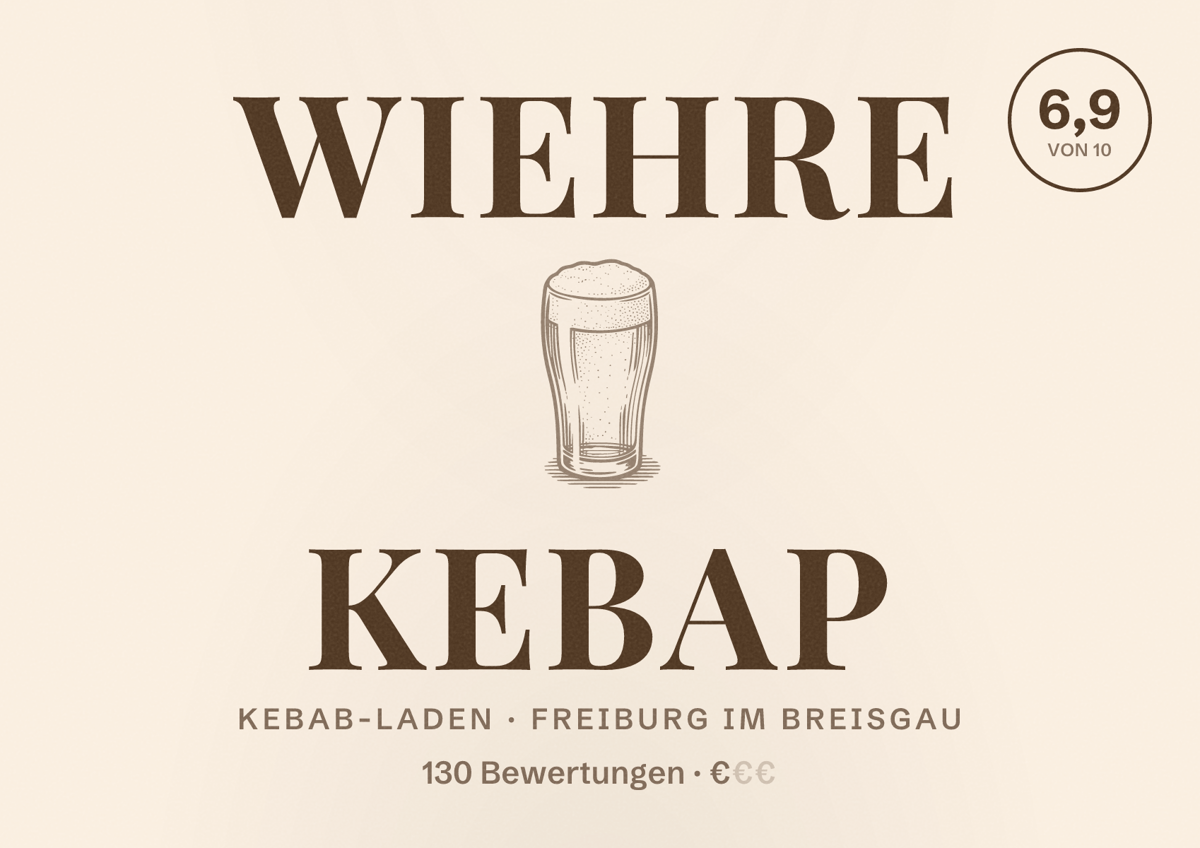Illustriertes Poster von Wiehre Kebap, Kebab-Laden in Freiburg im Breisgau: Bewertung 6,9 von 10 aus 130 Bewertungen, Preisniveau €
