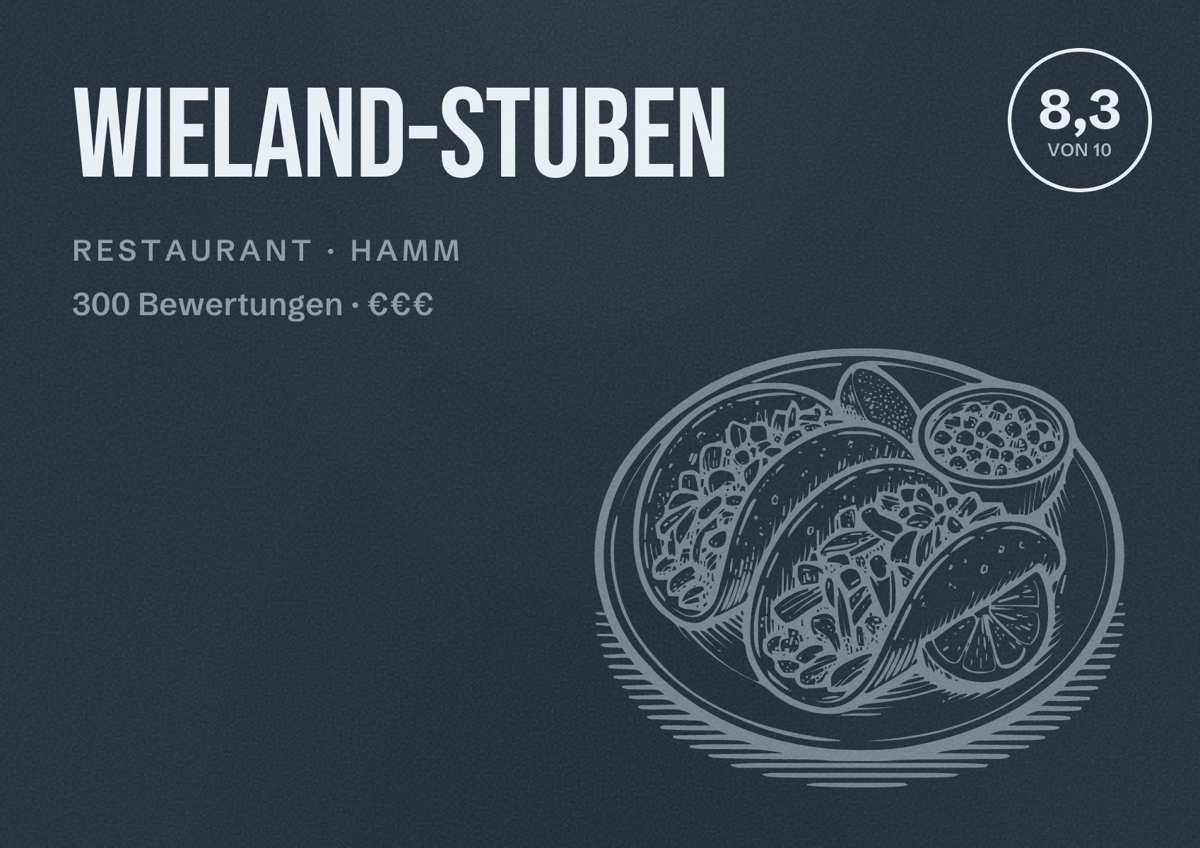 Illustriertes Poster von Wieland-Stuben, Restaurant in Hamm: Bewertung 8,3 von 10 aus 300 Bewertungen, Preisniveau €€€