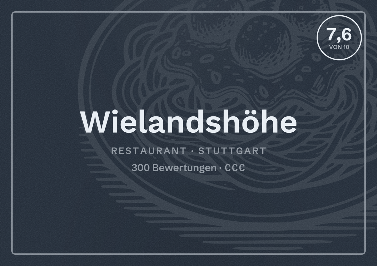 Illustriertes Poster von Wielandshöhe, Restaurant in Stuttgart: Bewertung 7,6 von 10 aus 300 Bewertungen, Preisniveau €€€