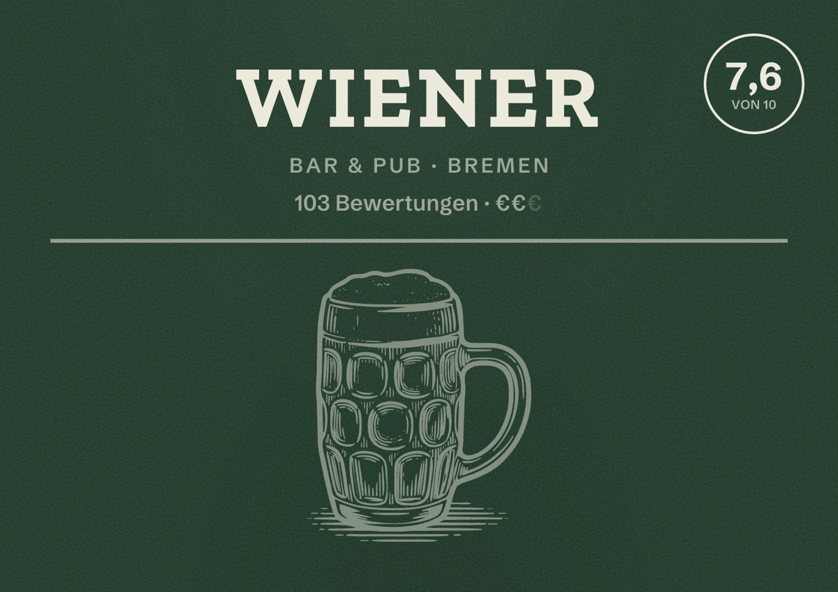 Illustriertes Poster von Wiener, Bar & Pub in Bremen: Gästebewertung 7,6 von 10 aus 103 Bewertungen
