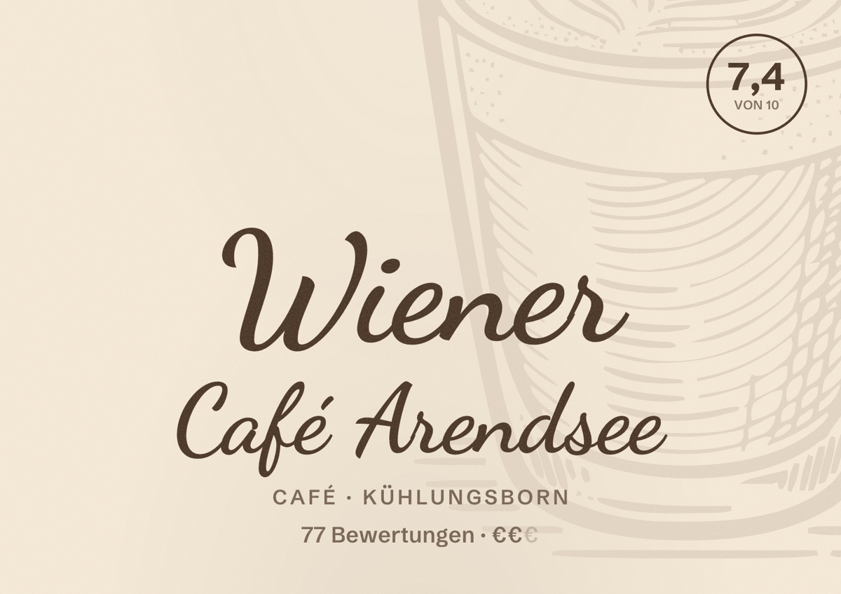 Illustriertes Poster von Wiener Café Arendsee, Café in Kühlungsborn: Bewertung 7,4 von 10 aus 77 Bewertungen, Preisniveau €€