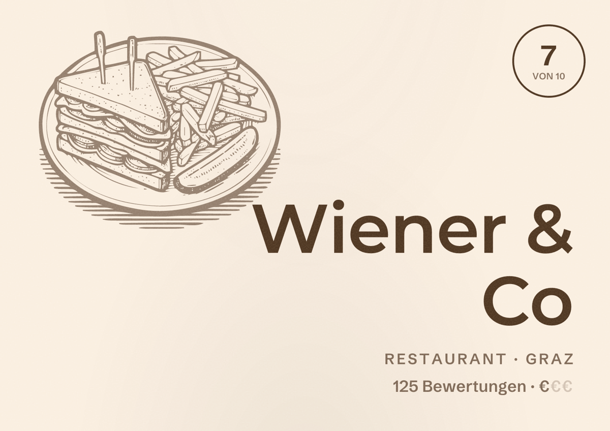 Illustriertes Poster von Wiener & Co, Restaurant in Graz: Bewertung 7 von 10 aus 125 Bewertungen, Preisniveau €