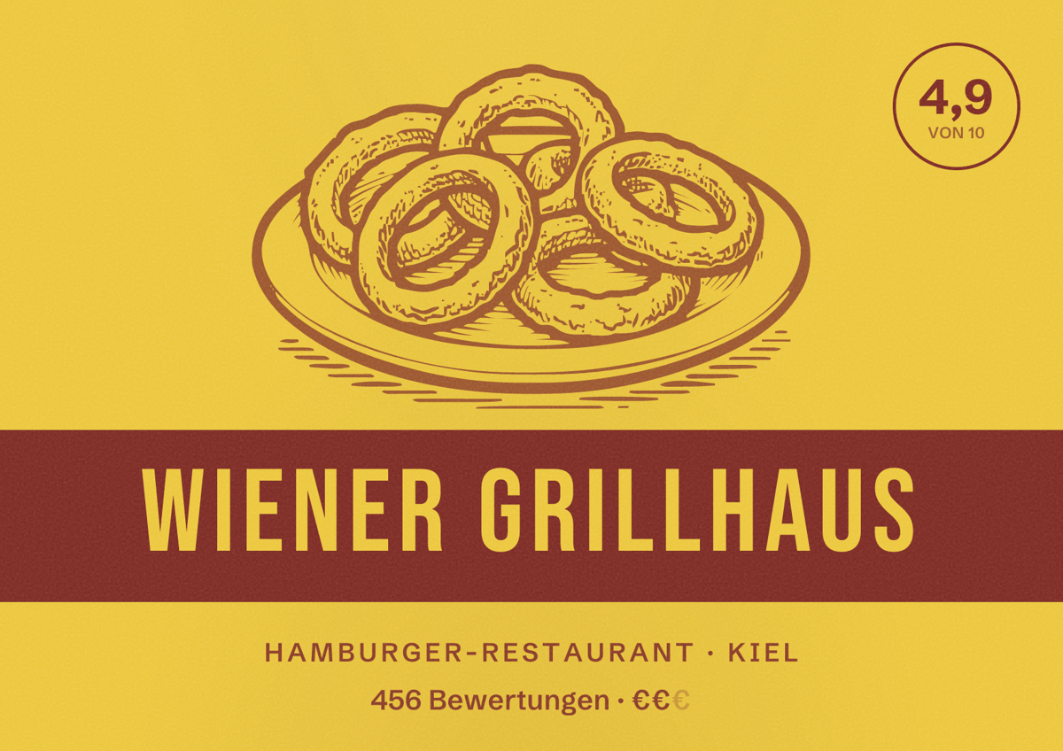 Illustriertes Poster von Wiener Grillhaus, Hamburger-Restaurant in Kiel: Bewertung 4,9 von 10 aus 456 Bewertungen, Preisniveau €€