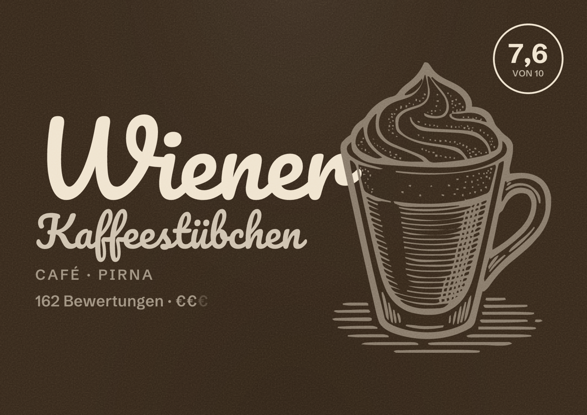 Illustriertes Poster von Wiener Kaffeestübchen, Café in Pirna: Bewertung 7,6 von 10 aus 162 Bewertungen, Preisniveau €€