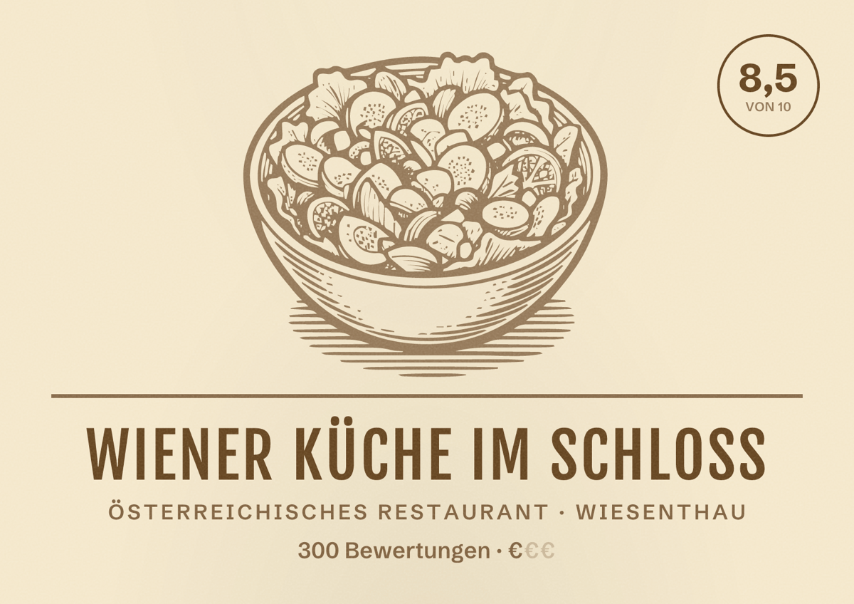 Illustriertes Poster von Wiener Küche im Schloss, Österreichisches Restaurant in Wiesenthau: Bewertung 8,5 von 10 aus 300 Bewertungen, Preisniveau €