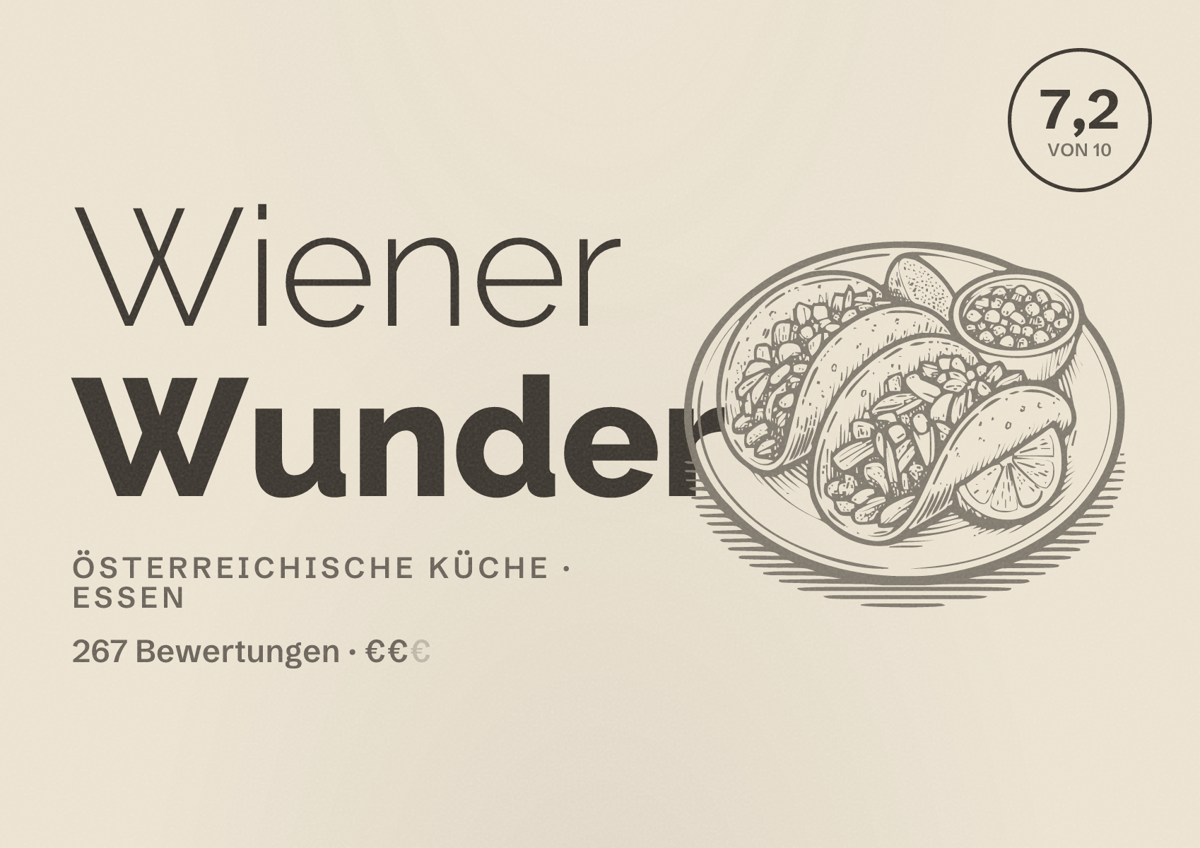 Illustriertes Poster von Wiener Wunder, Österreichische Küche in Essen: Bewertung 7,2 von 10 aus 267 Bewertungen, Preisniveau €€