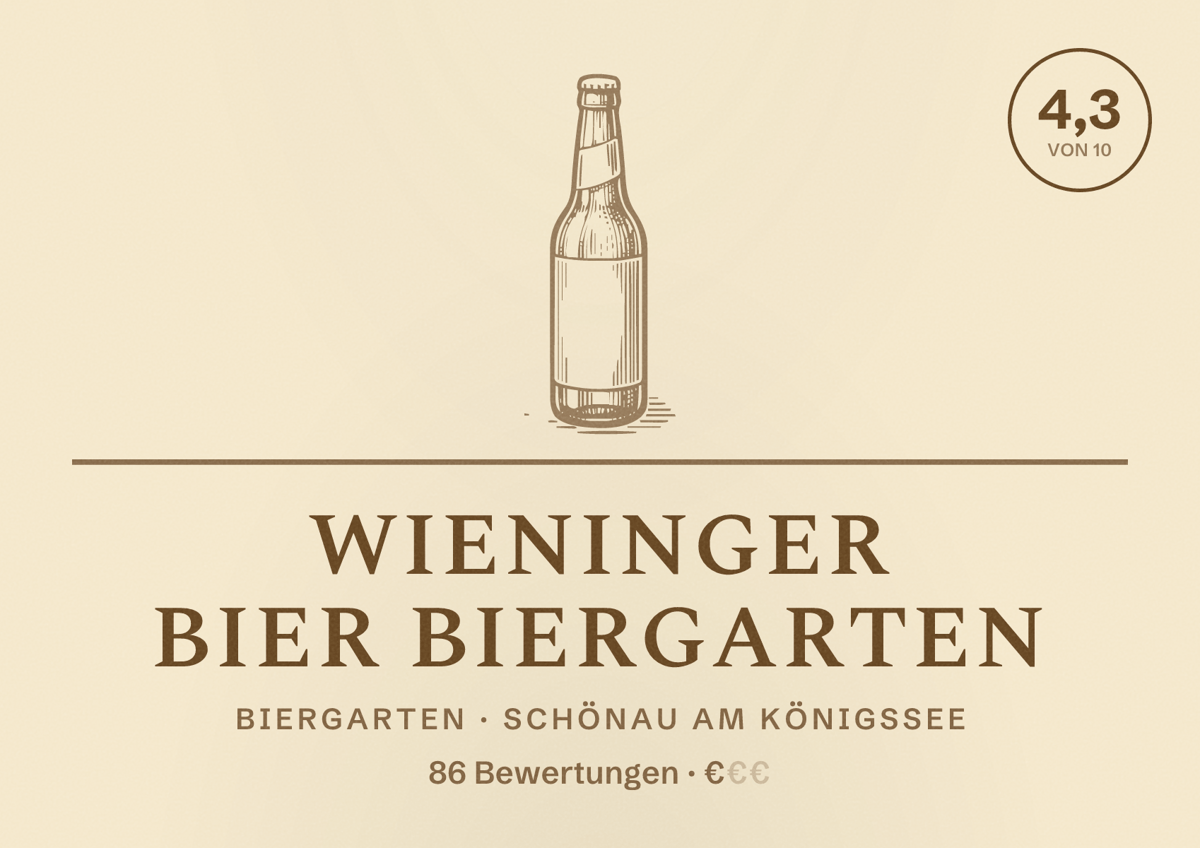 Illustriertes Poster von Wieninger Bier Biergarten, Biergarten in Schönau am Königssee: Bewertung 4,3 von 10 aus 86 Bewertungen, Preisniveau €