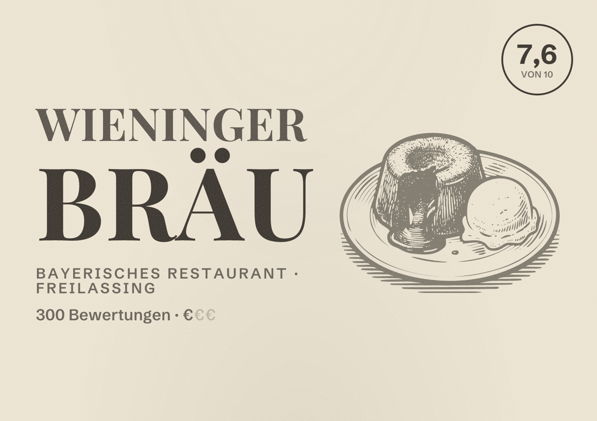 Illustriertes Poster von Wieninger Bräu, Bayerisches Restaurant in Freilassing: Bewertung 7,6 von 10 aus 300 Bewertungen, Preisniveau €