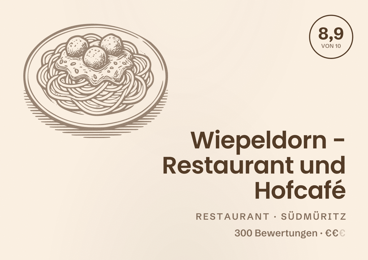 Illustriertes Poster von Wiepeldorn - Restaurant und Hofcafé, Restaurant in Südmüritz: Bewertung 8,9 von 10 aus 300 Bewertungen, Preisniveau €€
