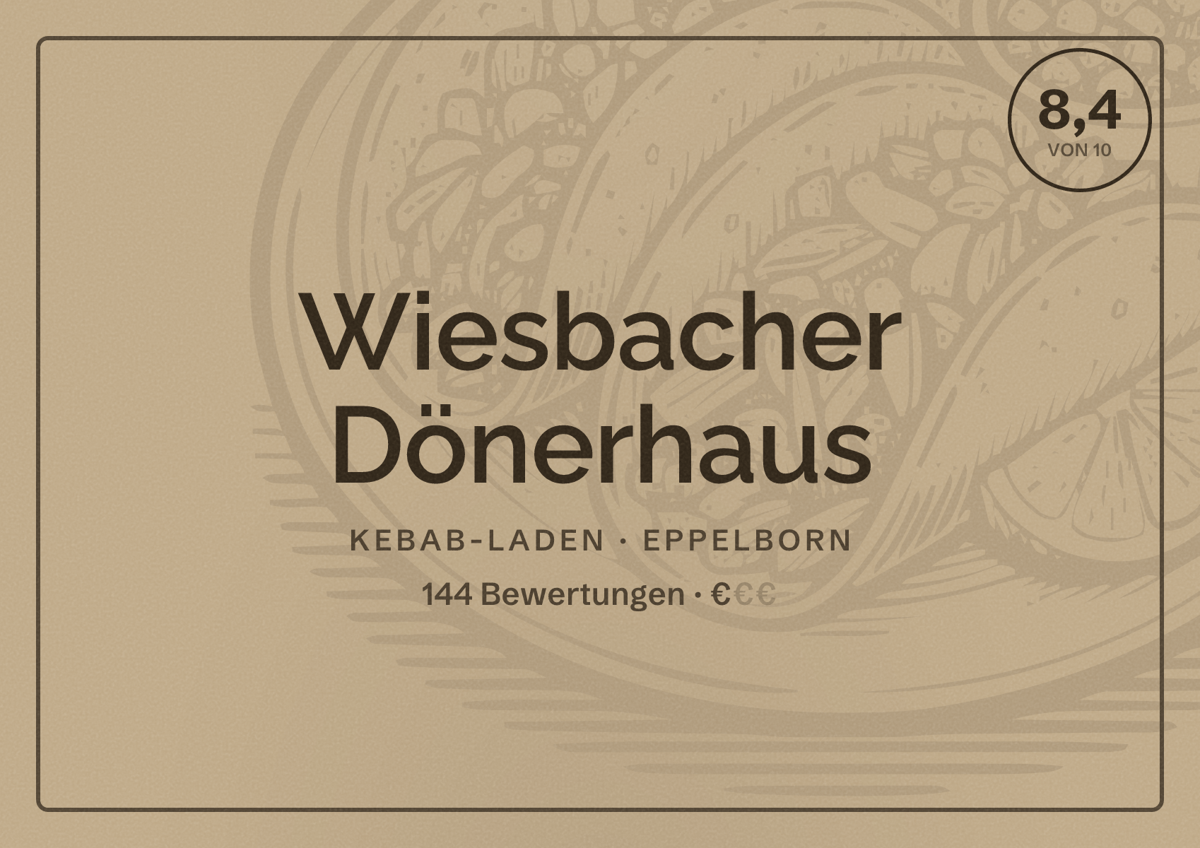 Illustriertes Poster von Wiesbacher Dönerhaus, Kebab-Laden in Eppelborn: Bewertung 8,4 von 10 aus 144 Bewertungen, Preisniveau €
