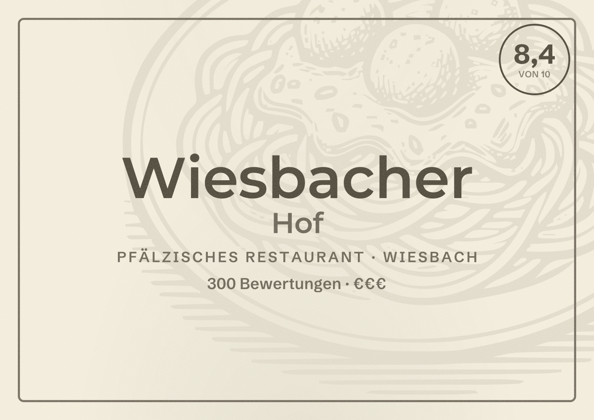 Illustriertes Poster von Wiesbacher Hof, Pfälzisches Restaurant in Wiesbach: Bewertung 8,4 von 10 aus 300 Bewertungen, Preisniveau €€€