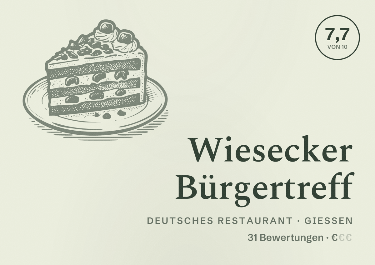 Illustriertes Poster von Wiesecker Bürgertreff, Deutsches Restaurant in Gießen: Bewertung 7,7 von 10 aus 31 Bewertungen, Preisniveau €