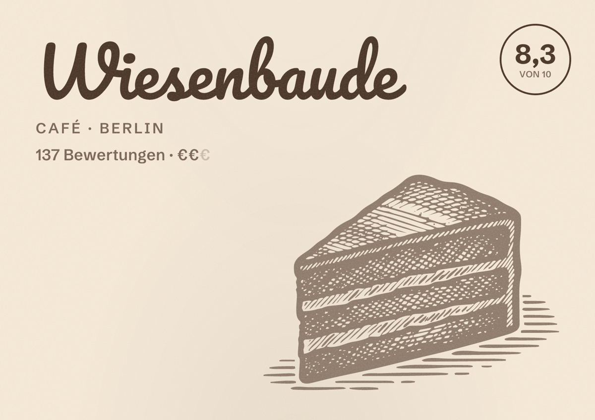 Illustriertes Poster von Wiesenbaude, Café in Berlin: Bewertung 8,3 von 10 aus 137 Bewertungen, Preisniveau €€