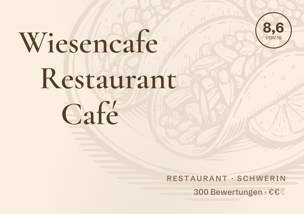 Illustriertes Poster von Wiesencafe Restaurant Café, Restaurant in Schwerin: Bewertung 8,6 von 10 aus 300 Bewertungen, Preisniveau €€