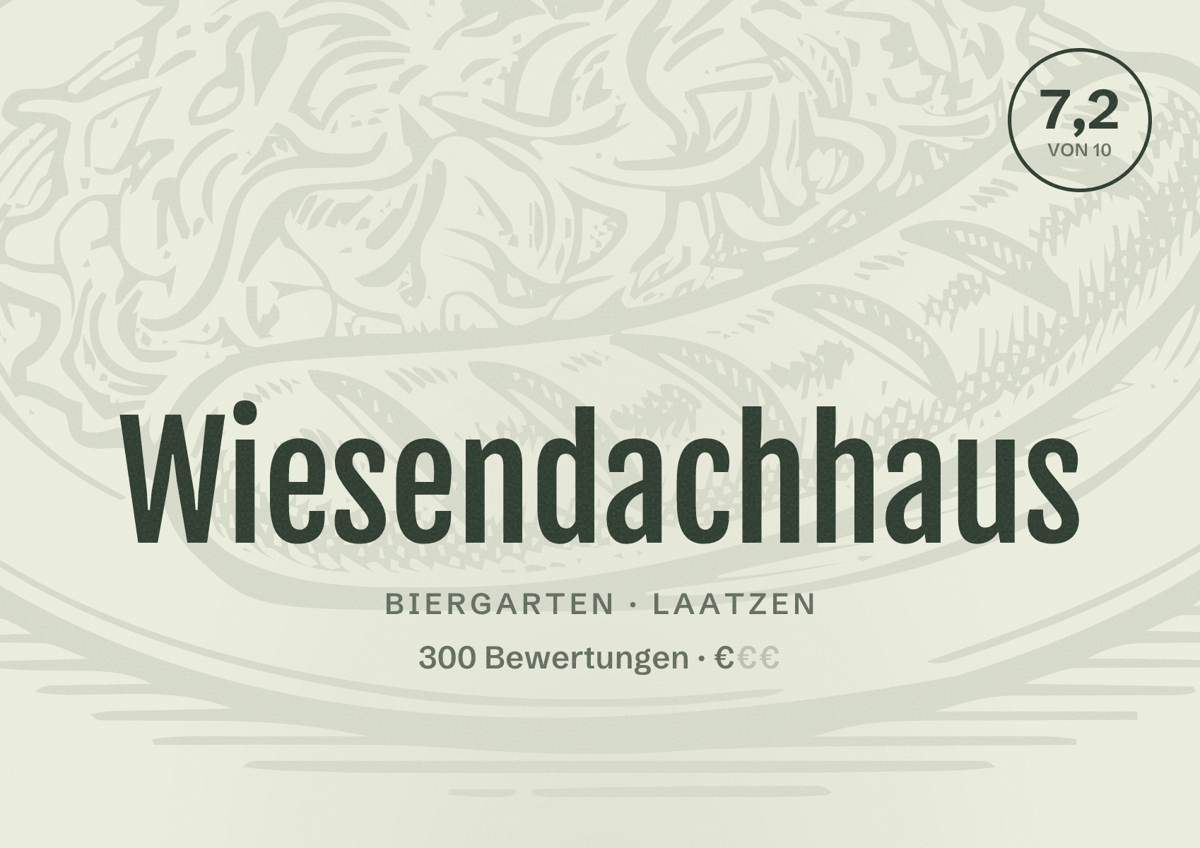 Illustriertes Poster von Wiesendachhaus, Biergarten in Laatzen: Bewertung 7,2 von 10 aus 300 Bewertungen, Preisniveau €