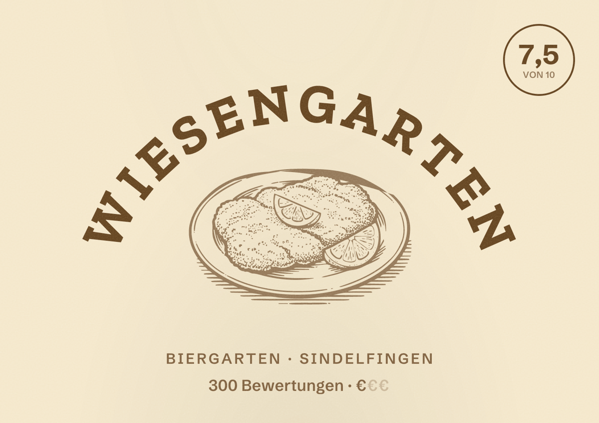 Illustriertes Poster von Wiesengarten, Biergarten in Sindelfingen: Bewertung 7,5 von 10 aus 300 Bewertungen, Preisniveau €