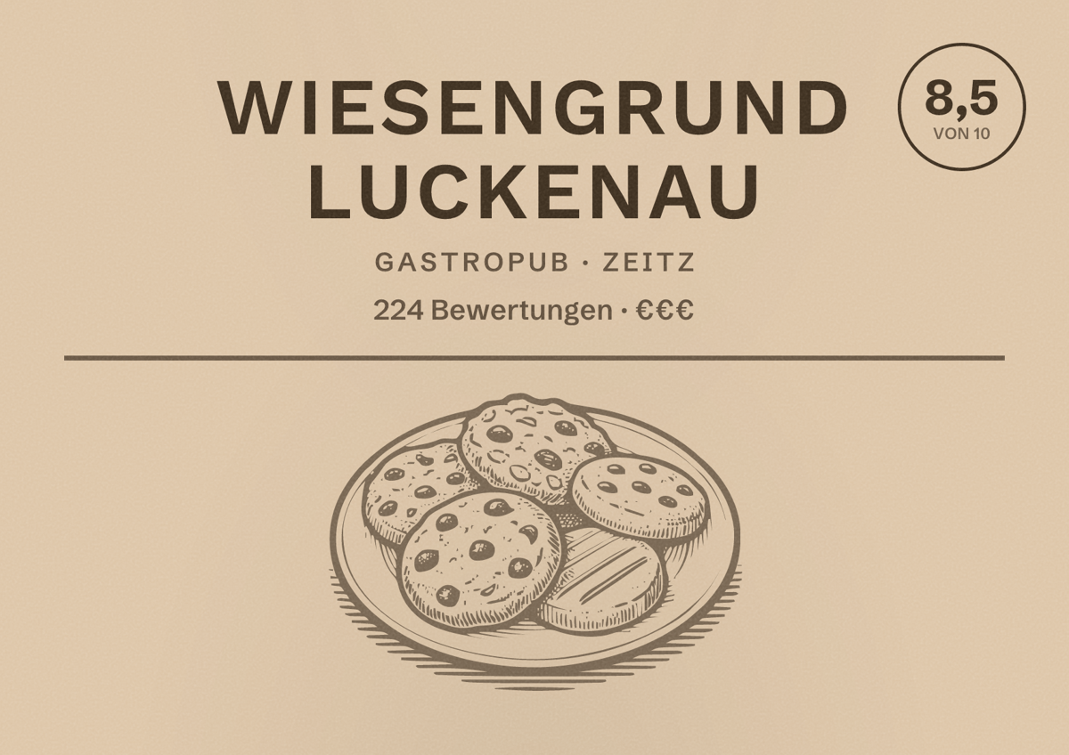 Illustriertes Poster von Wiesengrund Luckenau, Gastropub in Zeitz: Bewertung 8,5 von 10 aus 224 Bewertungen, Preisniveau €€€