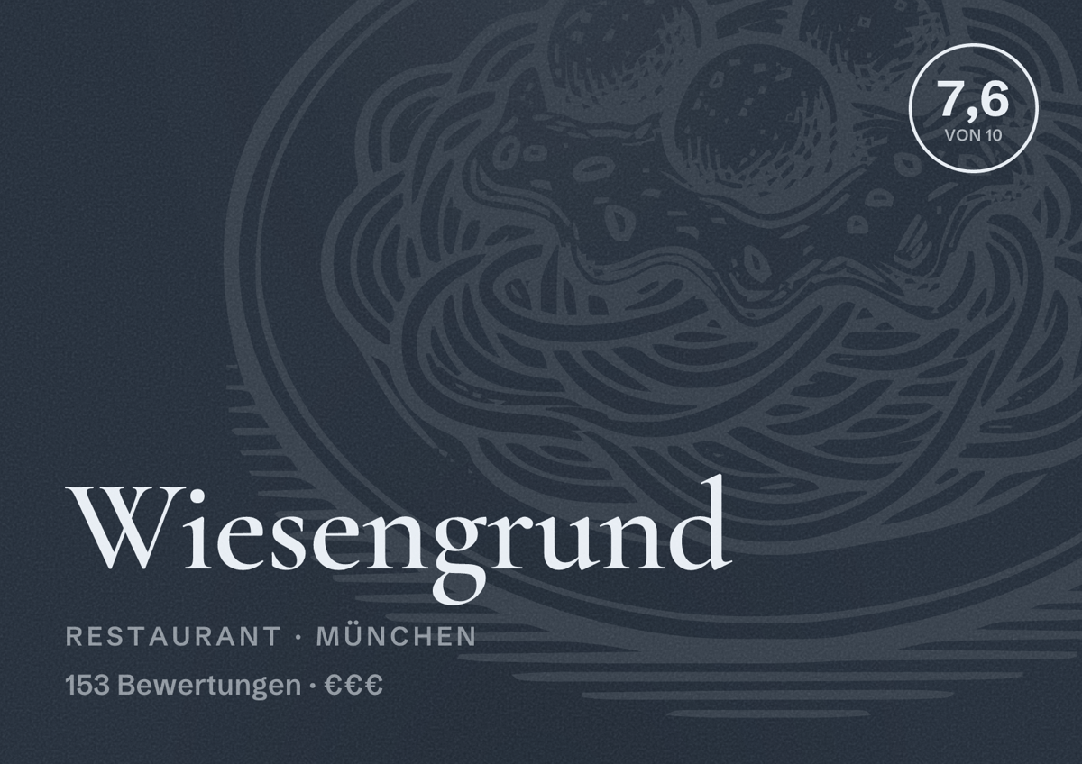 Illustriertes Poster von Wiesengrund, Restaurant in München: Bewertung 7,6 von 10 aus 153 Bewertungen, Preisniveau €€€