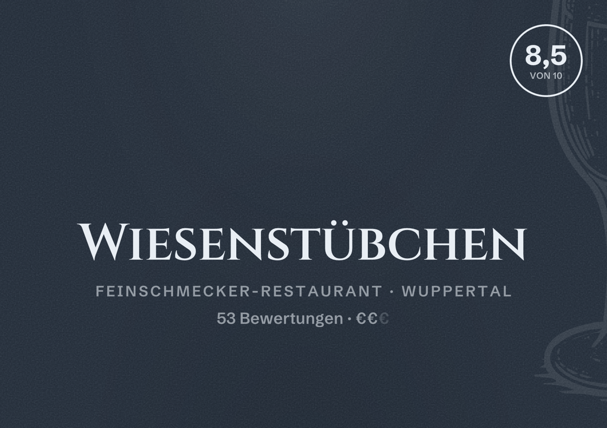 Illustriertes Poster von Wiesenstübchen, Feinschmecker-Restaurant in Wuppertal: Bewertung 8,5 von 10 aus 53 Bewertungen, Preisniveau €€