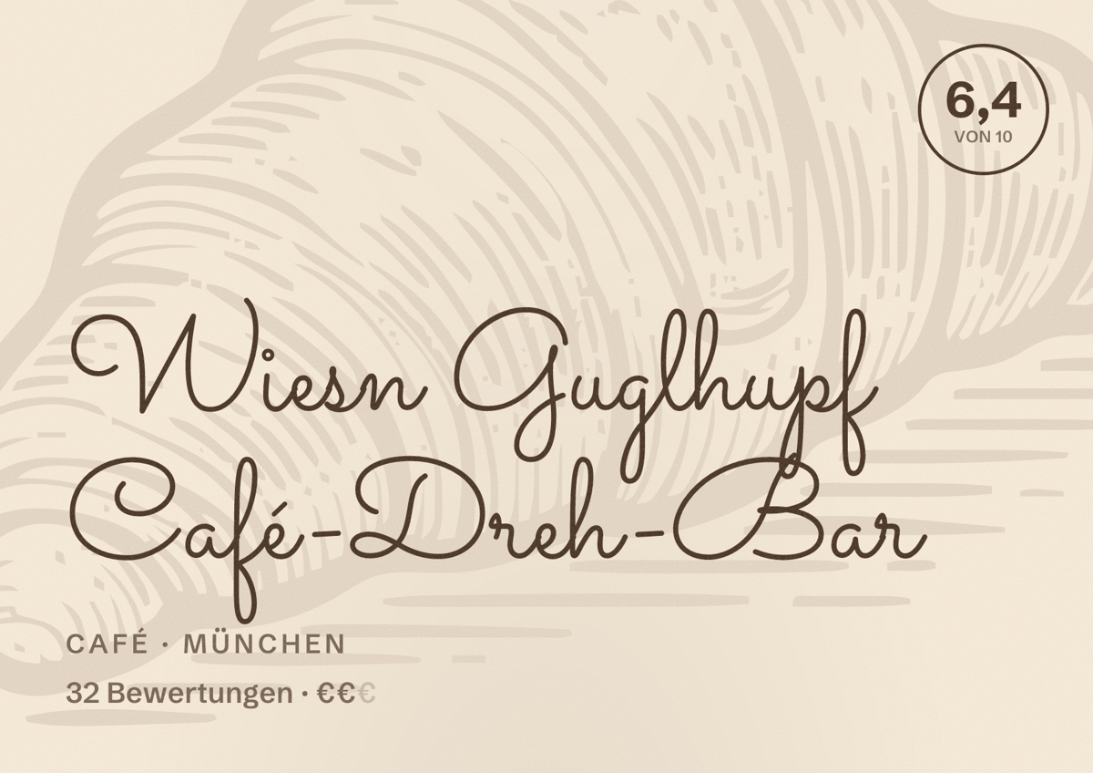 Illustriertes Poster von Wiesn Guglhupf Café-Dreh-Bar, Café in München: Bewertung 6,4 von 10 aus 32 Bewertungen, Preisniveau €€
