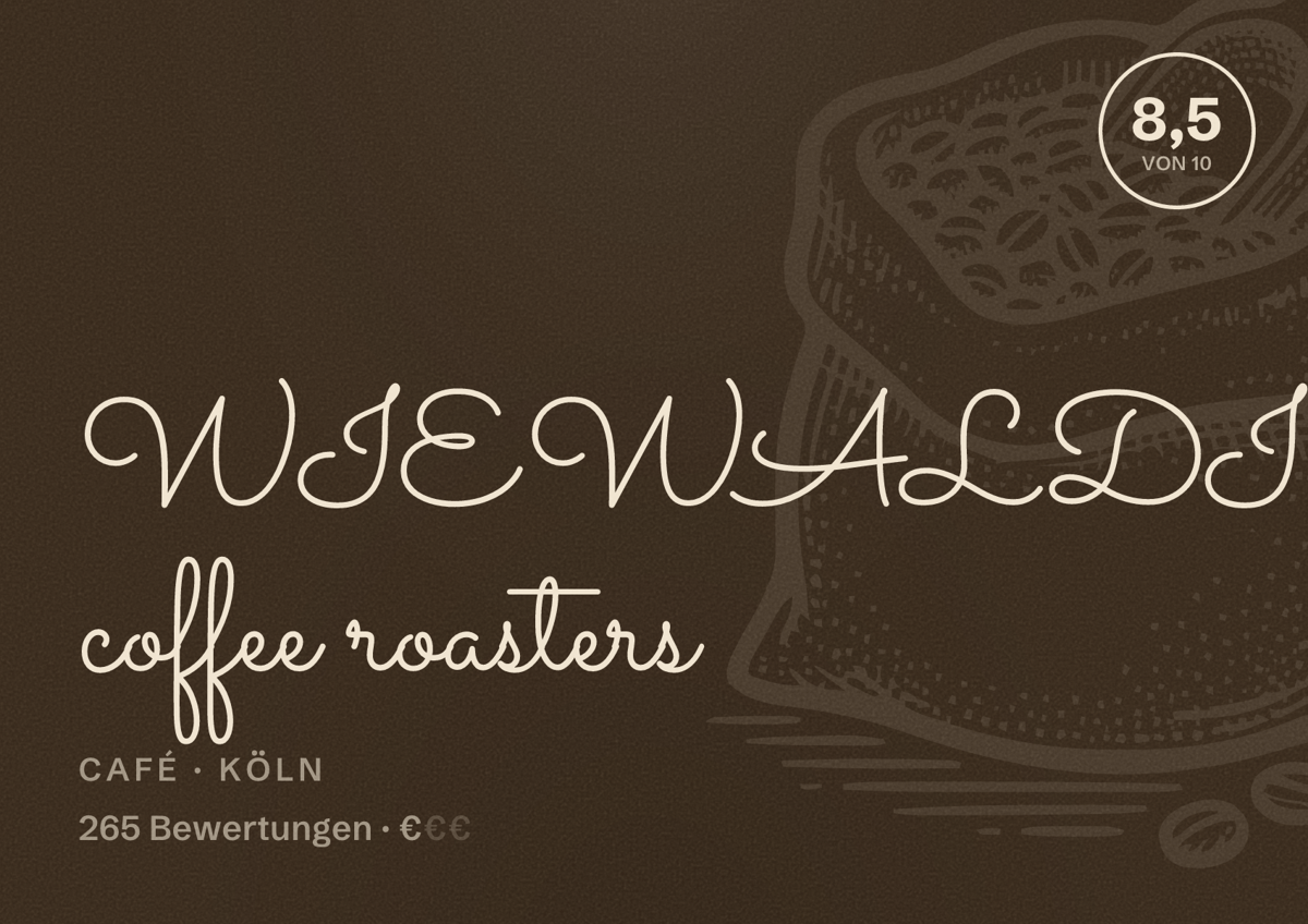 Illustriertes Poster von WIEWALDI coffee roasters, Café in Köln: Bewertung 8,5 von 10 aus 265 Bewertungen, Preisniveau €