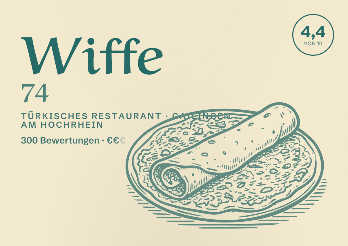 Illustriertes Poster von Wiffe 74, Türkisches Restaurant in Gailingen am Hochrhein: Bewertung 4,4 von 10 aus 300 Bewertungen, Preisniveau €€