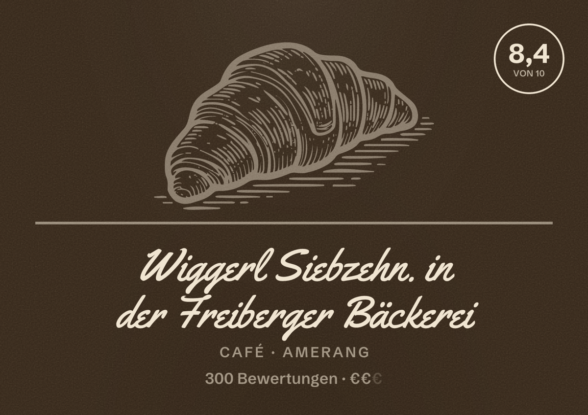 Illustriertes Poster von Wiggerl Siebzehn. in der Freiberger Bäckerei, Café in Amerang: Bewertung 8,4 von 10 aus 300 Bewertungen, Preisniveau €€