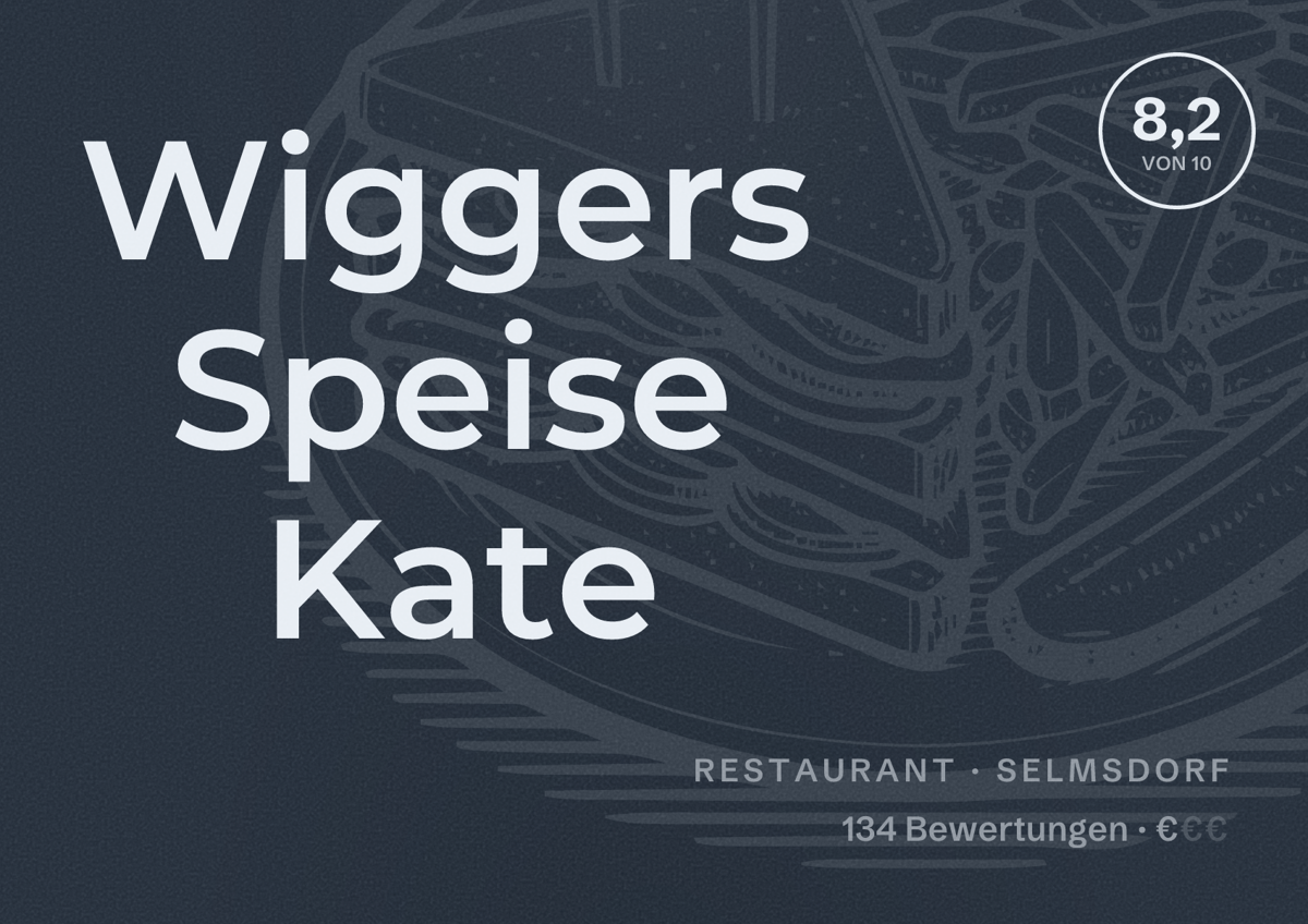 Illustriertes Poster von Wiggers Speise Kate, Restaurant in Selmsdorf: Bewertung 8,2 von 10 aus 134 Bewertungen, Preisniveau €