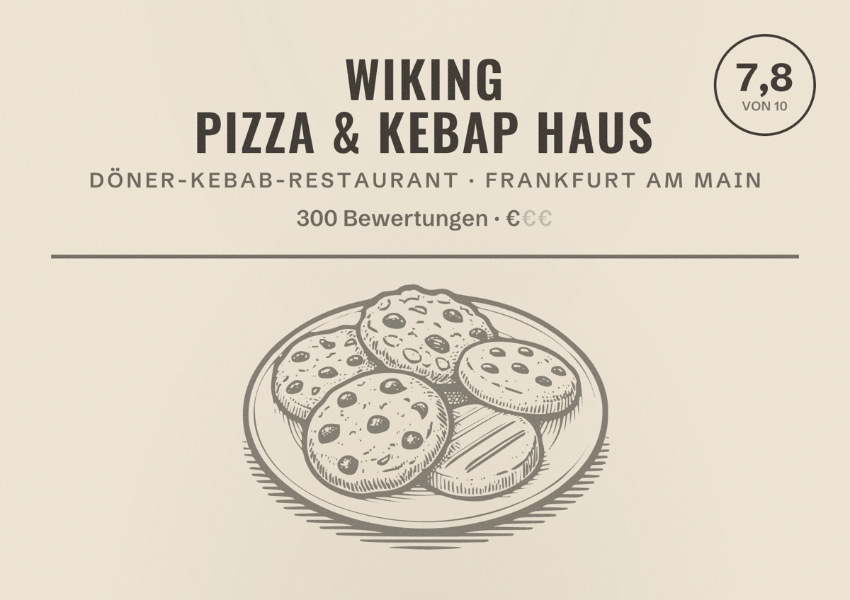 Illustriertes Poster von Wiking Pizza & Kebap Haus, Döner-Kebab-Restaurant in Frankfurt am Main: Bewertung 7,8 von 10 aus 300 Bewertungen, Preisniveau €