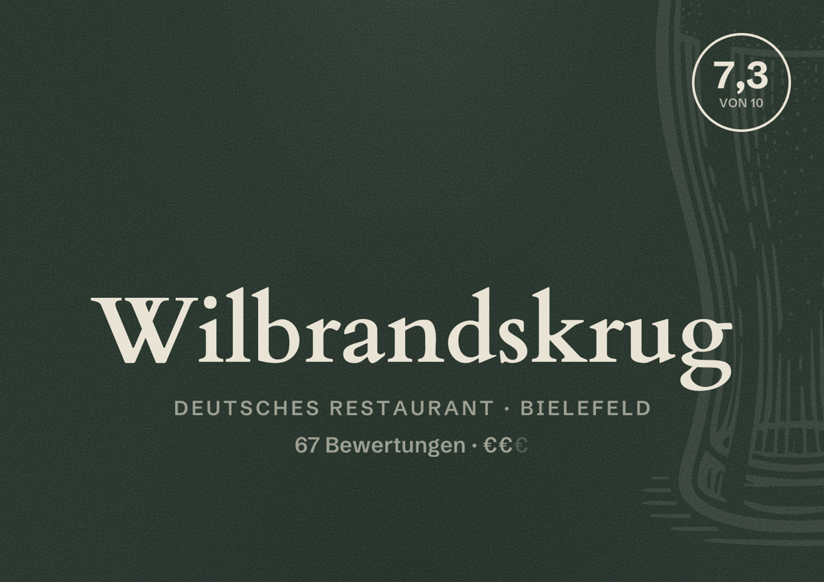 Illustriertes Poster von Wilbrandskrug, Deutsches Restaurant in Bielefeld: Bewertung 7,3 von 10 aus 67 Bewertungen, Preisniveau €€