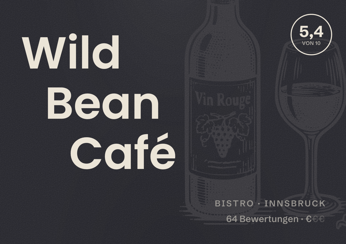 Illustriertes Poster von Wild Bean Café, Bistro in Innsbruck: Bewertung 5,4 von 10 aus 64 Bewertungen, Preisniveau €