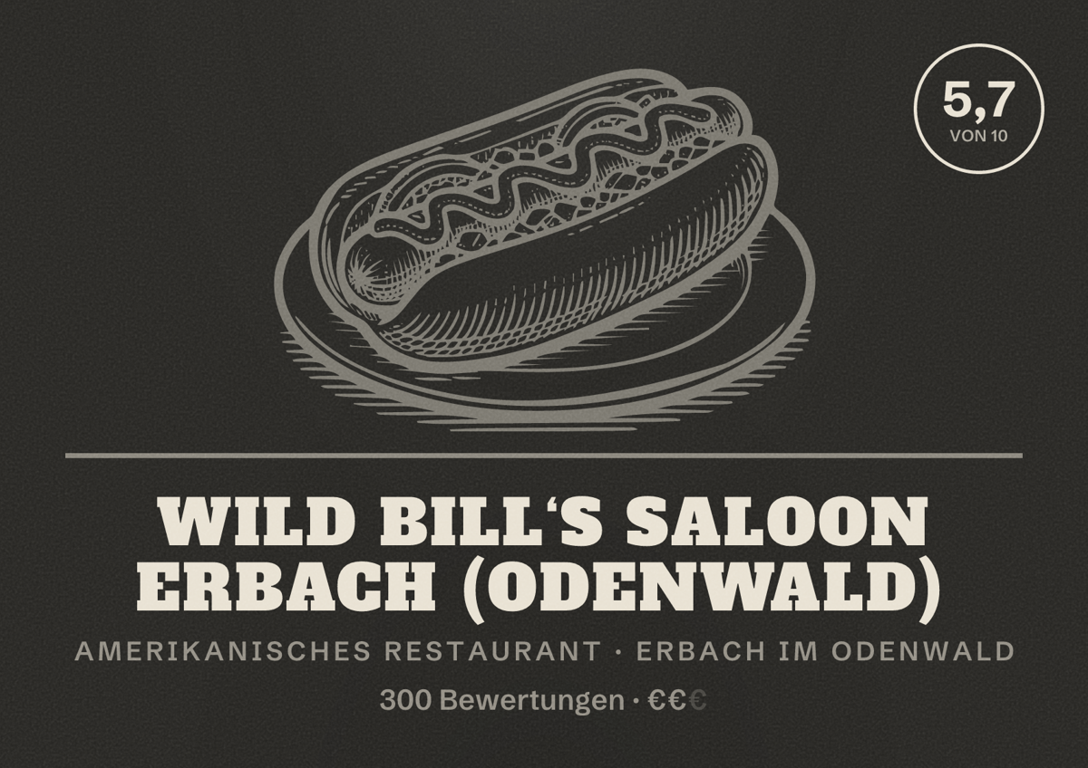 Illustriertes Poster von Wild Bill‘s Saloon Erbach (Odenwald), Amerikanisches Restaurant in Erbach im Odenwald: Bewertung 5,7 von 10 aus 300 Bewertungen, Preisniveau €€