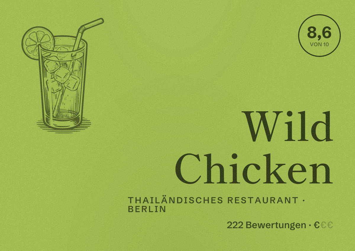 Illustriertes Poster von Wild Chicken, Thailändisches Restaurant in Berlin: Bewertung 8,6 von 10 aus 222 Bewertungen, Preisniveau €