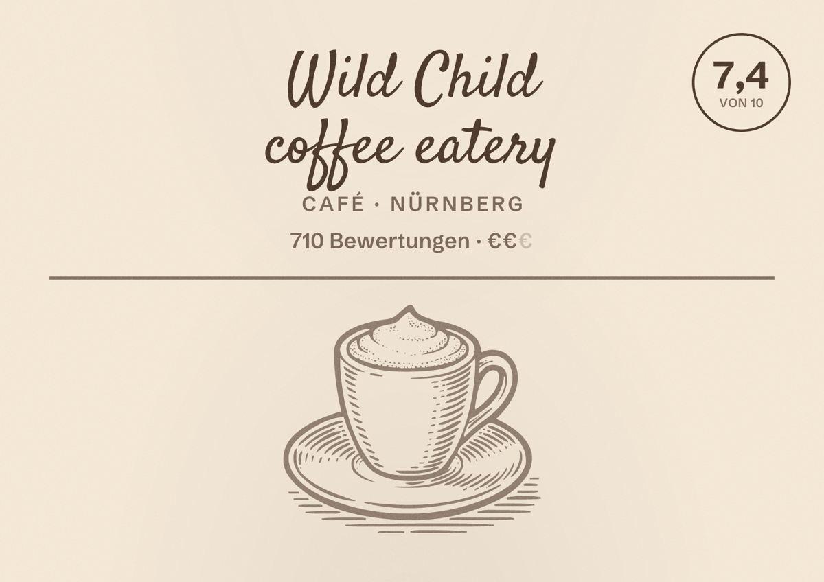 Illustriertes Poster von Wild Child coffee eatery, Café in Nürnberg: Bewertung 7,4 von 10 aus 710 Bewertungen, Preisniveau €€