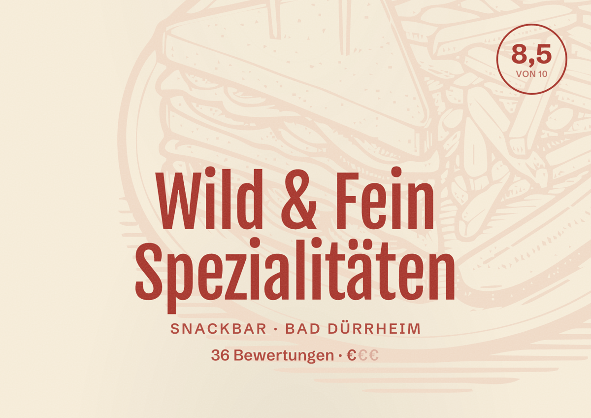Illustriertes Poster von Wild & Fein Spezialitäten, Snackbar in Bad Dürrheim: Bewertung 8,5 von 10 aus 36 Bewertungen, Preisniveau €