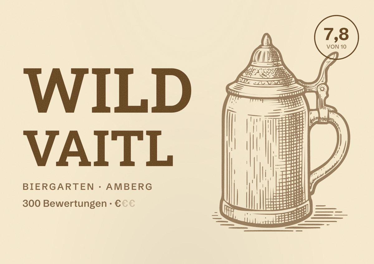 Illustriertes Poster von Wild Vaitl, Biergarten in Amberg: Bewertung 7,8 von 10 aus 300 Bewertungen, Preisniveau €