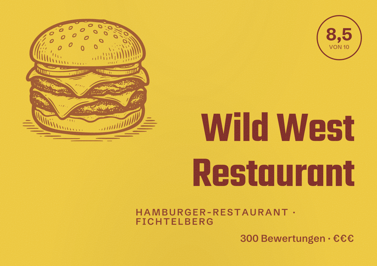 Illustriertes Poster von Wild West Restaurant, Hamburger-Restaurant in Fichtelberg: Bewertung 8,5 von 10 aus 300 Bewertungen, Preisniveau €€€