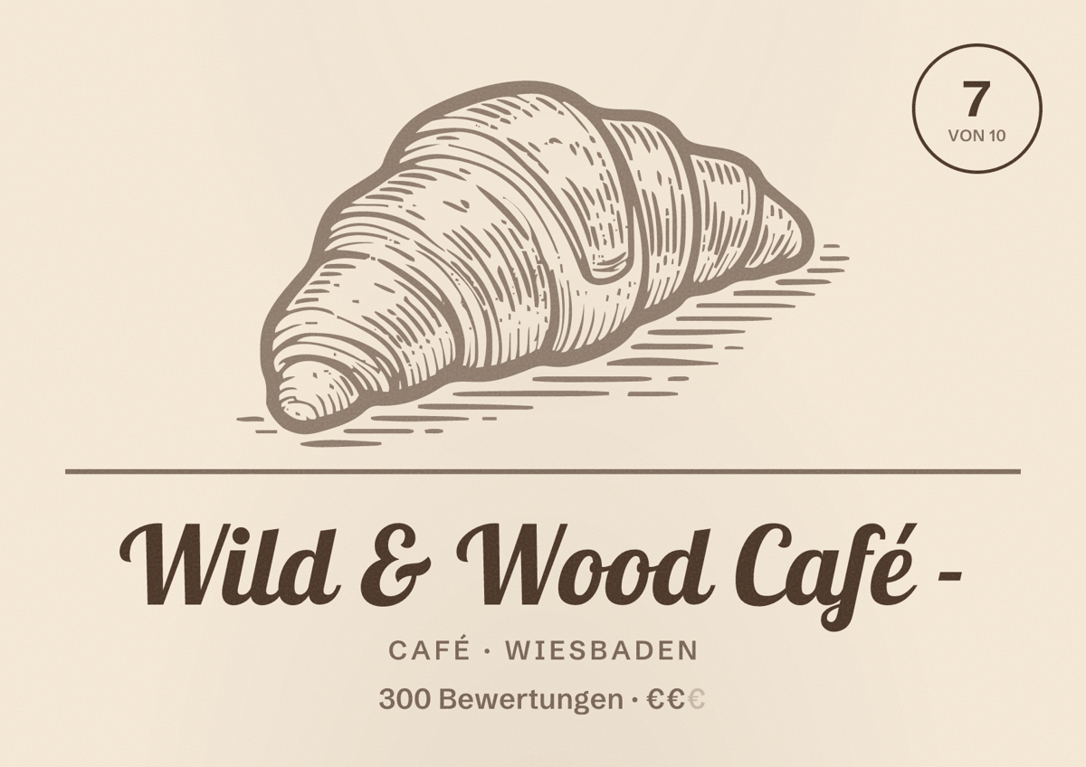 Illustriertes Poster von Wild & Wood Café -, Café in Wiesbaden: Bewertung 7 von 10 aus 300 Bewertungen, Preisniveau €€